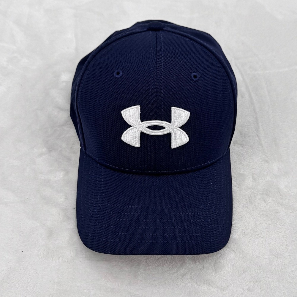 Under Armour Baseball Cap Navy Blue Embroidered Logo Hat Flex Fit Size L/XL UA